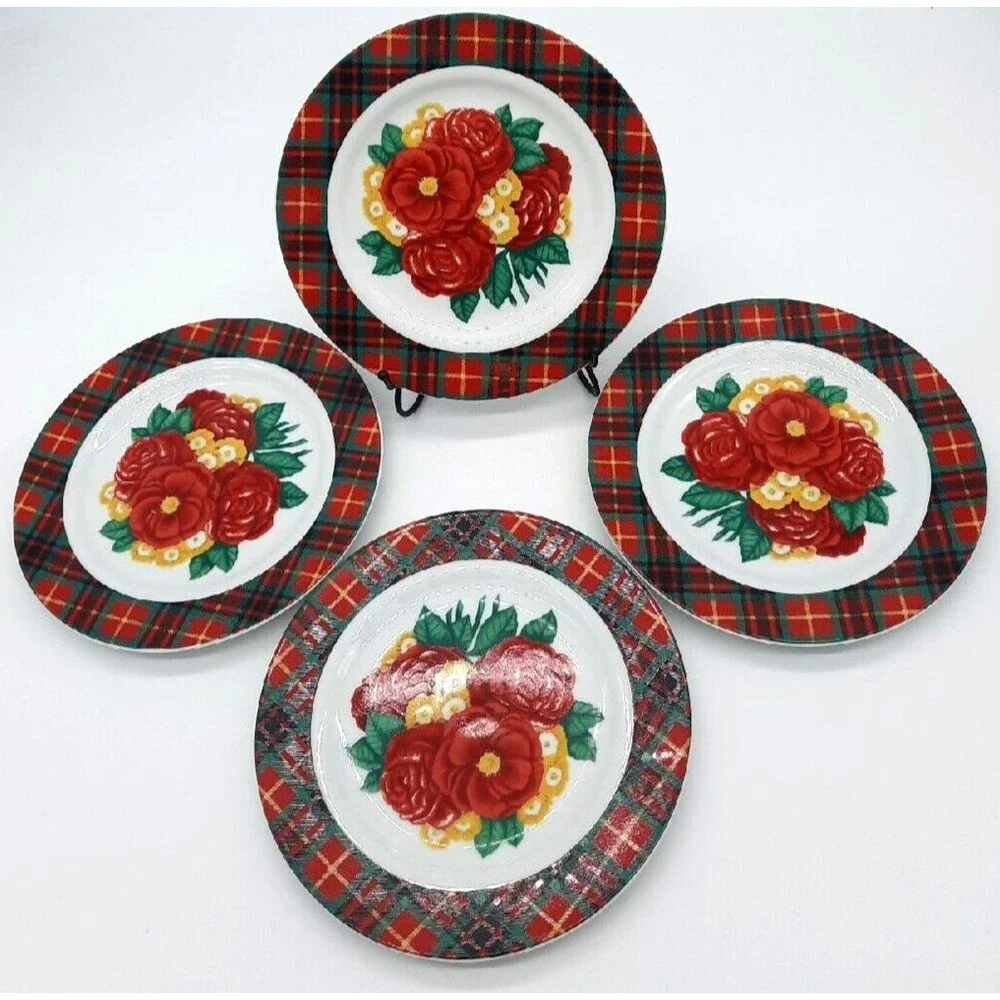 Vintage Holly Holderman Set Of 4 Red & Green Tartan Plaid Floral 8